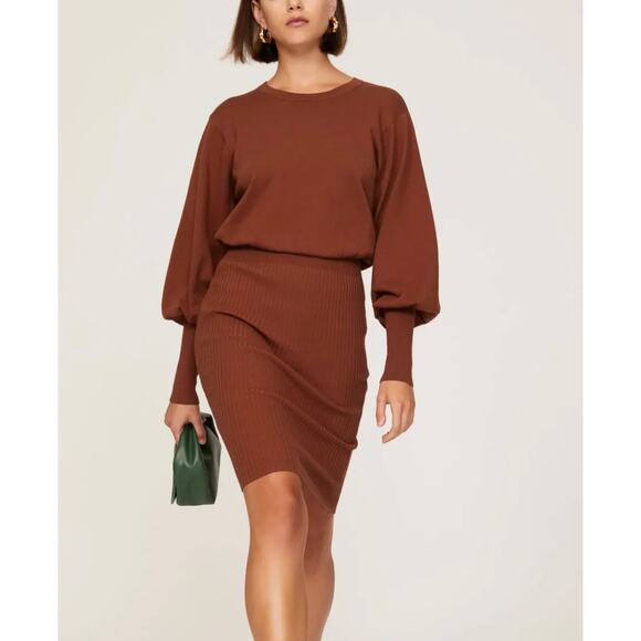 Toccin x RTR Dress Womens Small Brown Knit Sweater Puff Sleeve Mini Cotton - Picture 1 of 9